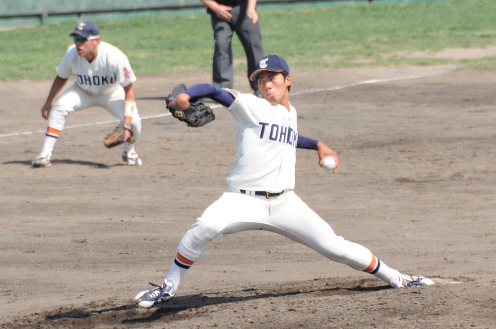 東北学院大学2回戦　先発で6回3安打無失点の好投を見せ、今リーグ戦3勝目を挙げる山野