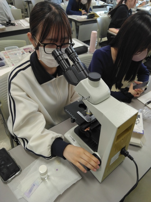 グラム染色結果を観察する学生