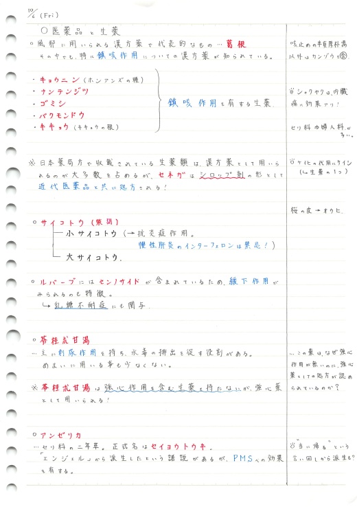 【医薬品学」のノートの1ページ