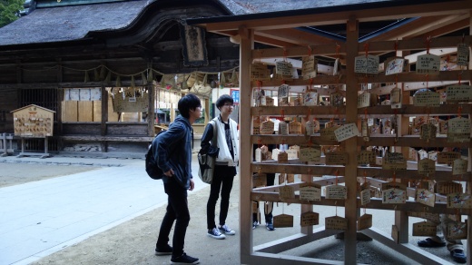 おみくじを引いた後で神社を見学する学生たち