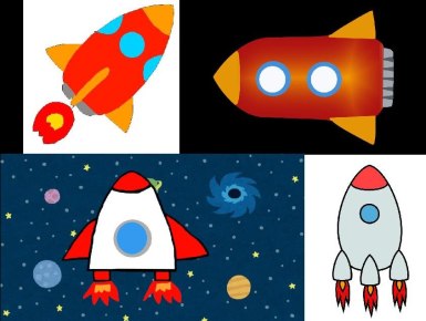 学生たちが試作した様々なタッチのロケット画