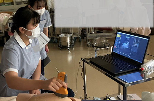 妊婦モデルを使って、超音波検査を学んでいます