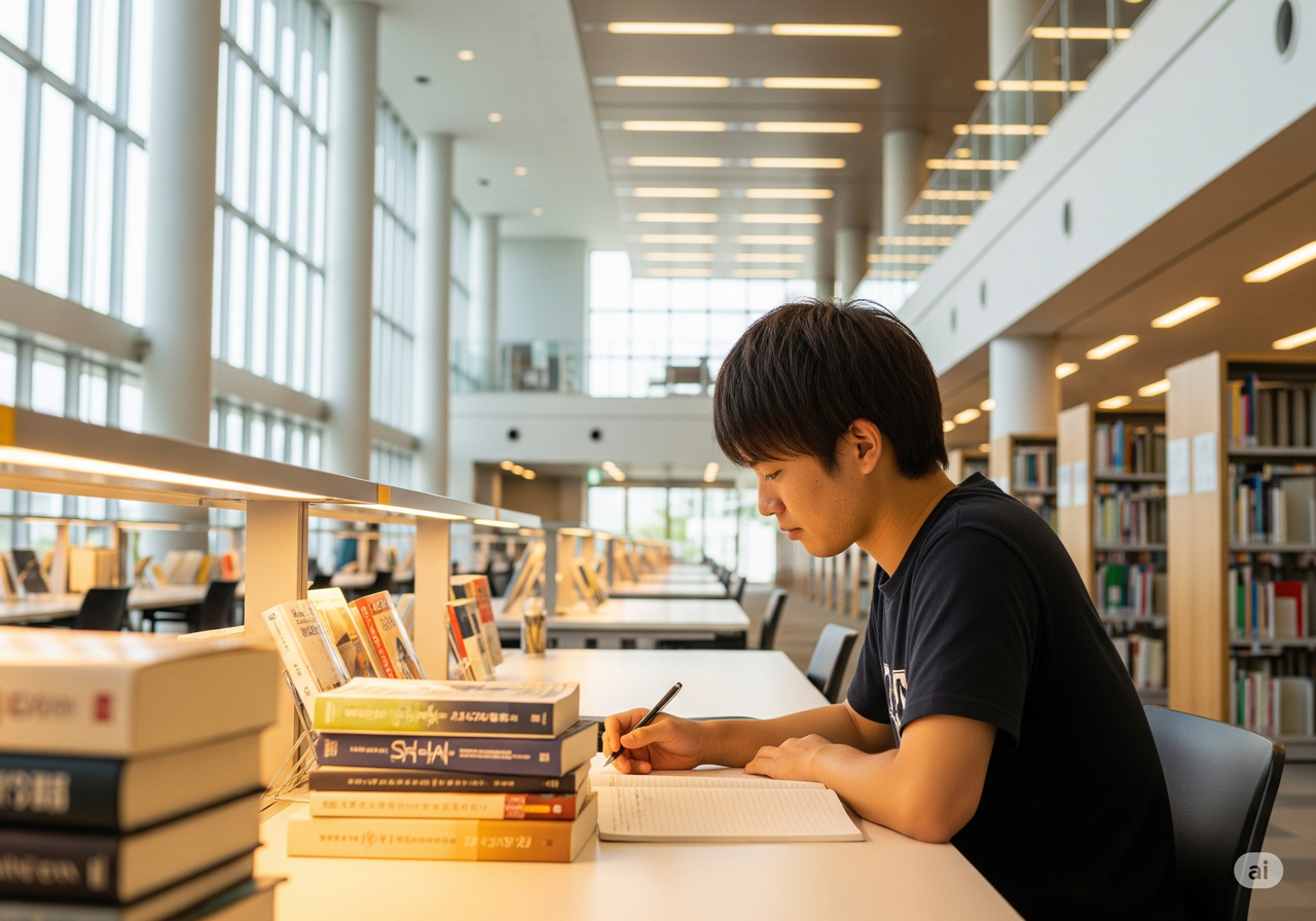 図書館で勉強する翔太