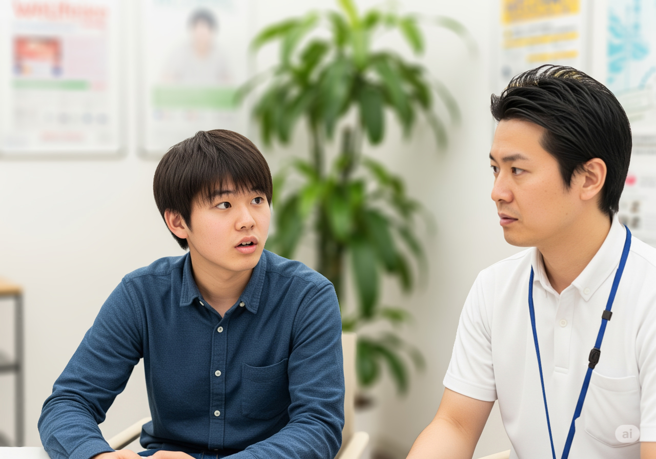 施設スタッフと会話する翔太