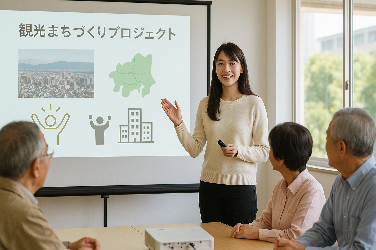 地域のボランティアや商店街の人たちを前にプレゼンテーションをする学生