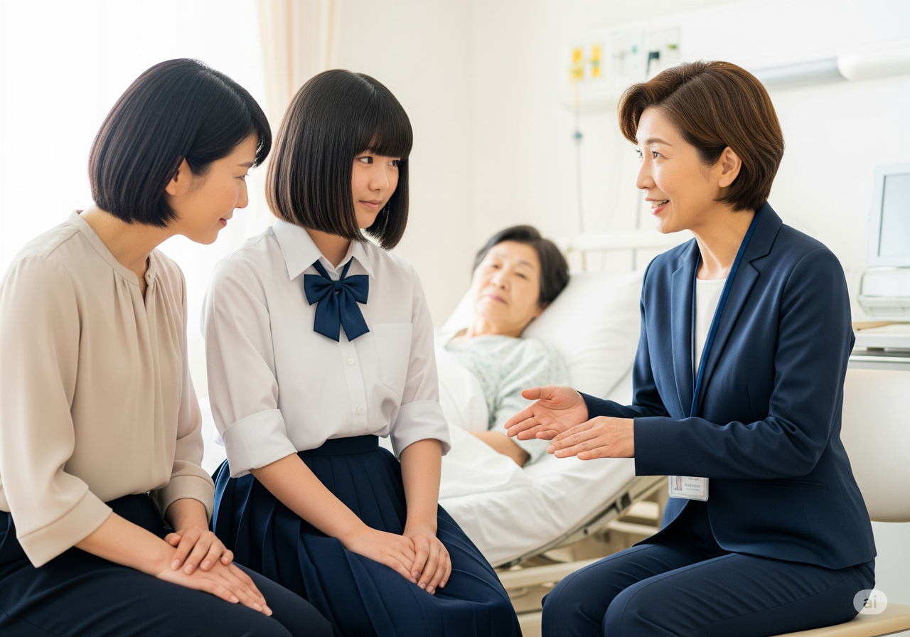 病院で医療ソーシャルワーカーの話を聞いている様子