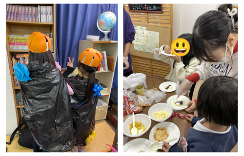 楽しいハロウィンパーティー(左)と餃子の皮パーティー(右)