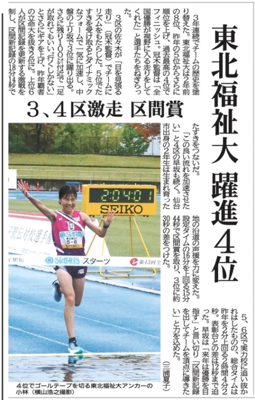 【新聞掲載情報】東北福祉大 躍進4位 3、4区激走 区間賞(河北新報)
