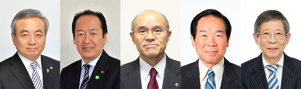 左から気仙沼市・菅原市長、陸前高田市・戸羽市長、南相馬市・桜井市長、衆議院議員・額賀氏、ジャーナリスト・大谷氏